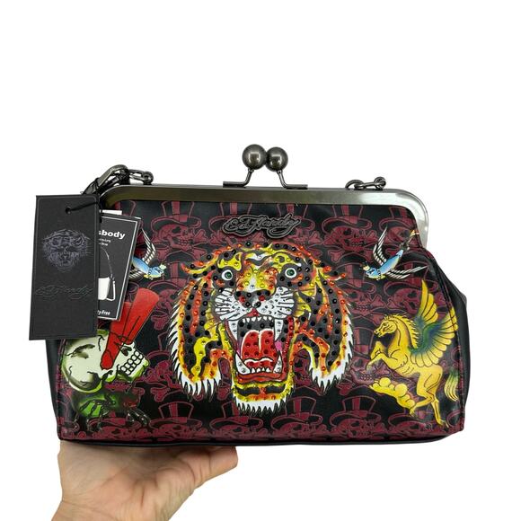 Ed Hardy Tattoo Rhinestone Tiger Shoulder Bag Satchel Black Y2K Funky 90s Style - Picture 1 of 14
